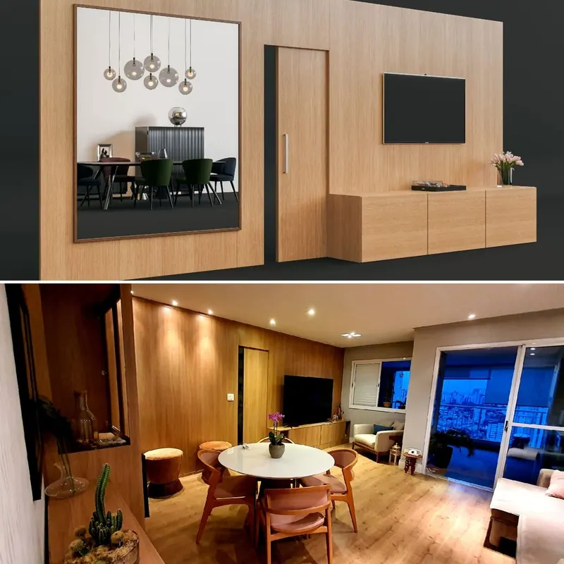 Em cima, o projeto em 3D do painel de madeira com espelho, porta e TV; embaixo, a sala pronta com o painel e a mesa redonda