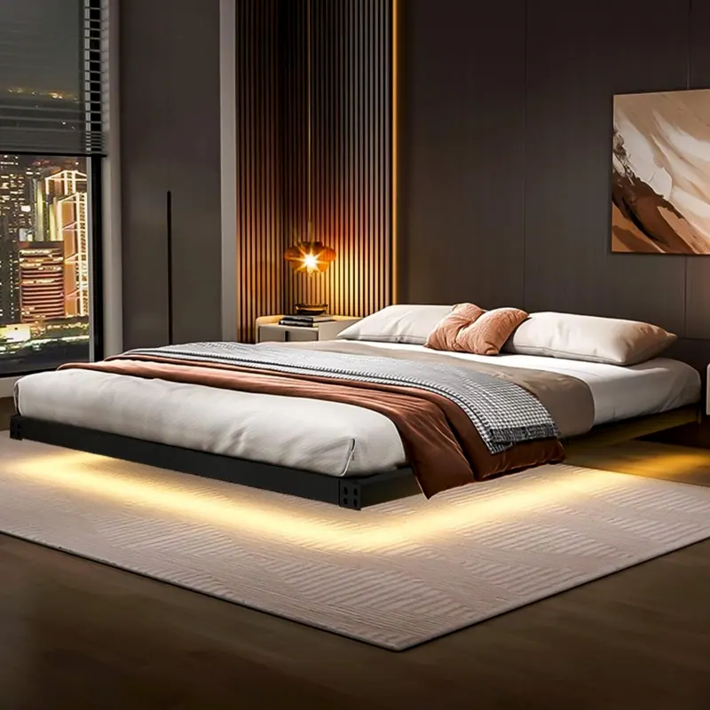 Projeto de quarto com cama de luz embaixo e painel de madeira
